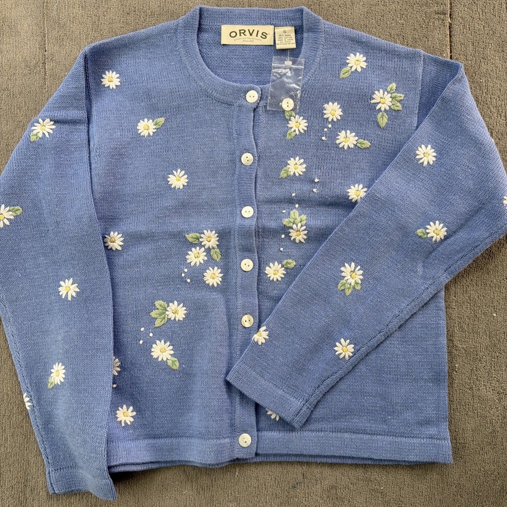 Vintage Orvis Embroidered Daisy Cardigan Sweater Women's S Blue Floral Knit